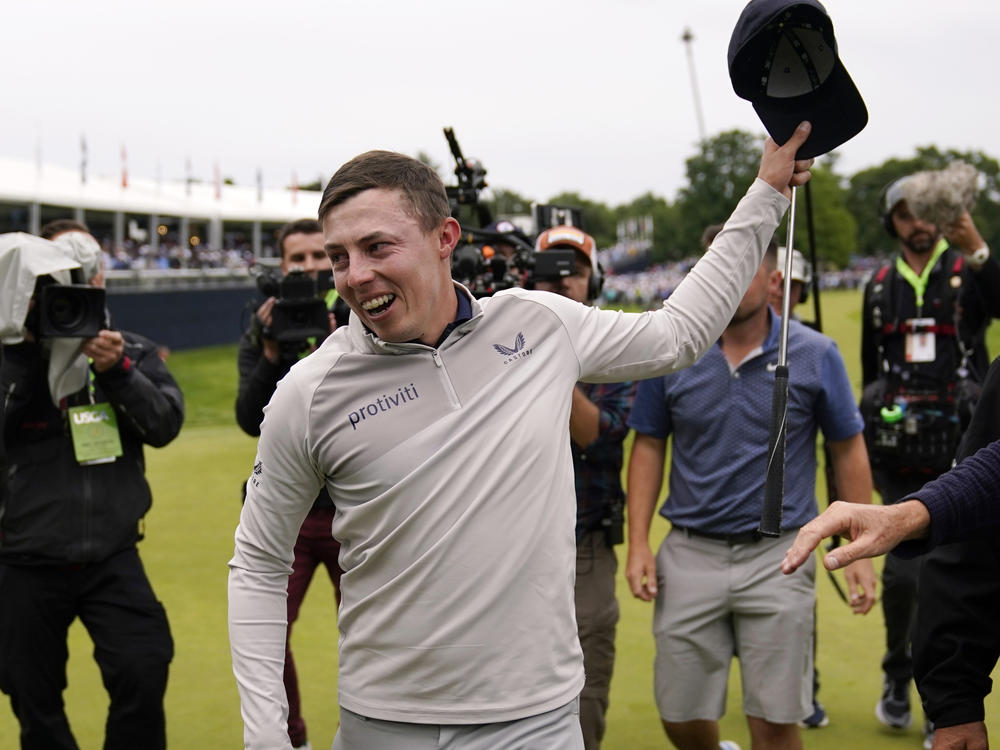 Matthew Fitzpatrick reacts after winning the U.S. Open golf tournament at The Country Club, Sunday in Brookline, Mass.