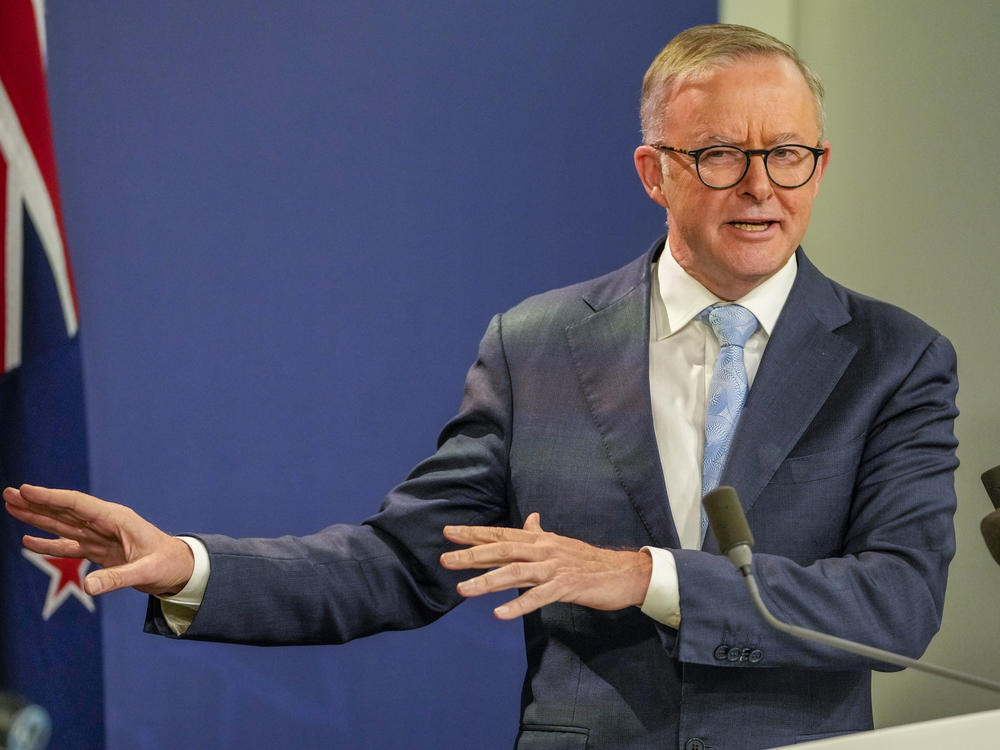 Australian Prime Minister Anthony Albanese gestures during a news conference in Sydney Friday, June 10, 2022.