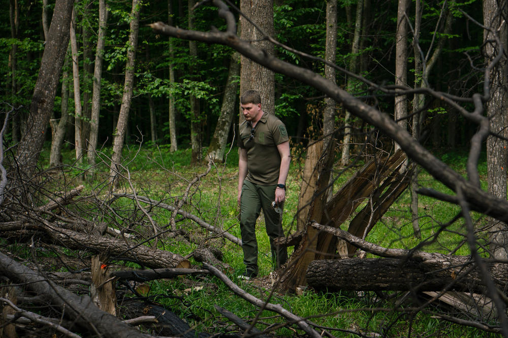 Yevgeniy Medvedovskiy, the chief of the Zhytomyr region's department of environmental inspection, walks around the site of the jet crash picking up shards of metal and looking at the fallen trees.