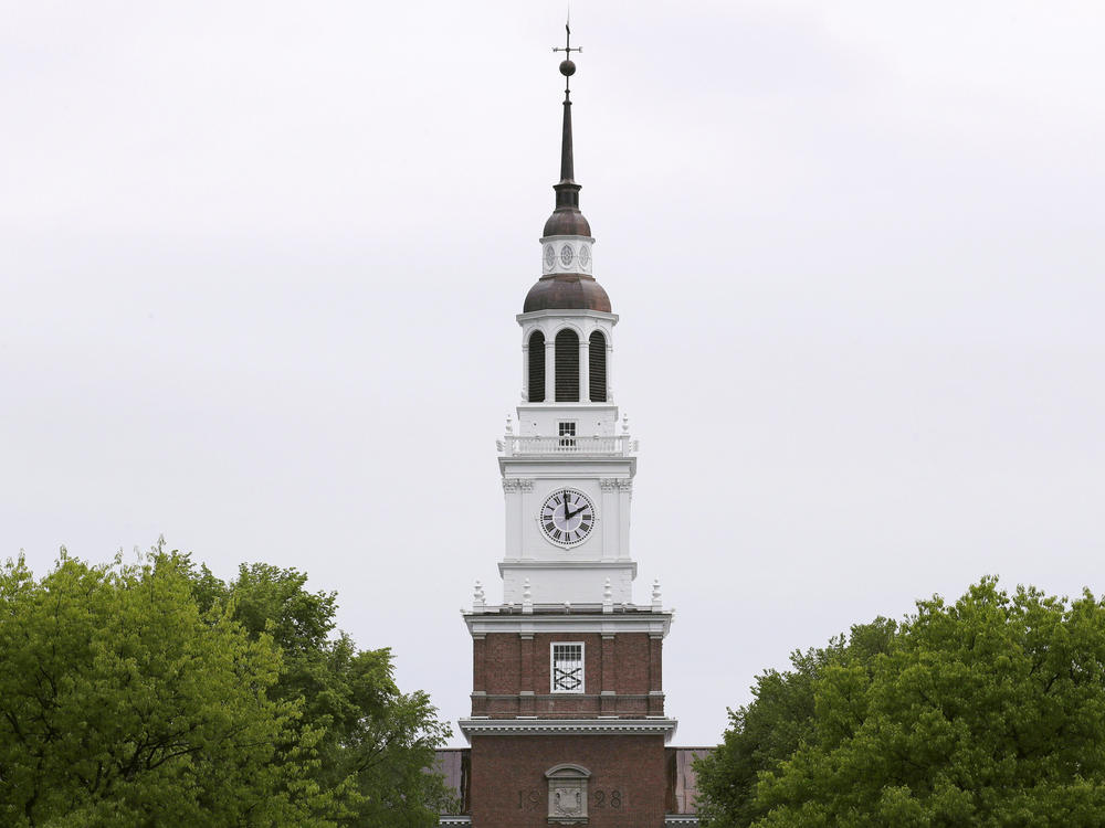 In this May 22, 2018 file photo, the spire of the Baker-Berry Library stands above The Green at Dartmouth College in Hanover, New Hampshire.