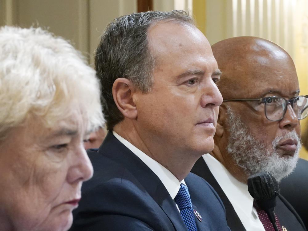 Committee members from left, Rep. Pete Aguilar, D-Calif., Rep. Zoe Lofgren, D-Calif., Rep. Adam Schiff, D-Calif., and Chairman Bennie Thompson, D-Miss., listen as the House select committee investigating the Jan. 6 attack on the U.S. Capitol continues to reveal its findings of a year-long investigation on Tuesday.