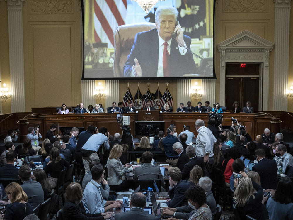 An image of former President Trump is displayed during the third hearing of the House Jan. 6 committee Thursday.
