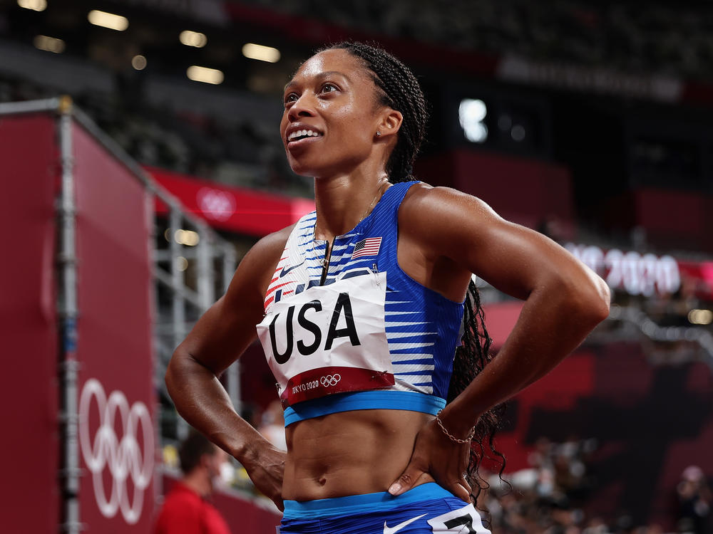 Allyson Felix reacts after winning a gold medal in the Women's 4 x 400m Relay Final at the Tokyo Olympic Games in August 2021.