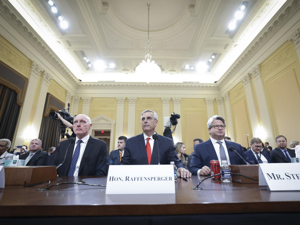 (L-R) Rusty Bowers, Arizona House Speaker; Brad Raffensperger, Georgia Secretary of State; and Gabriel Sterling, Georgia Secretary of State Chief Operating Officer, appear for testimony during the fourth hearing.