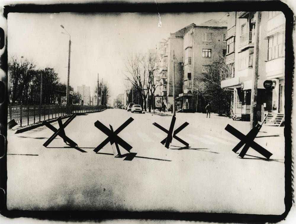 Anti-tank obstacles block a street in Kharkiv, Ukraine, in March.