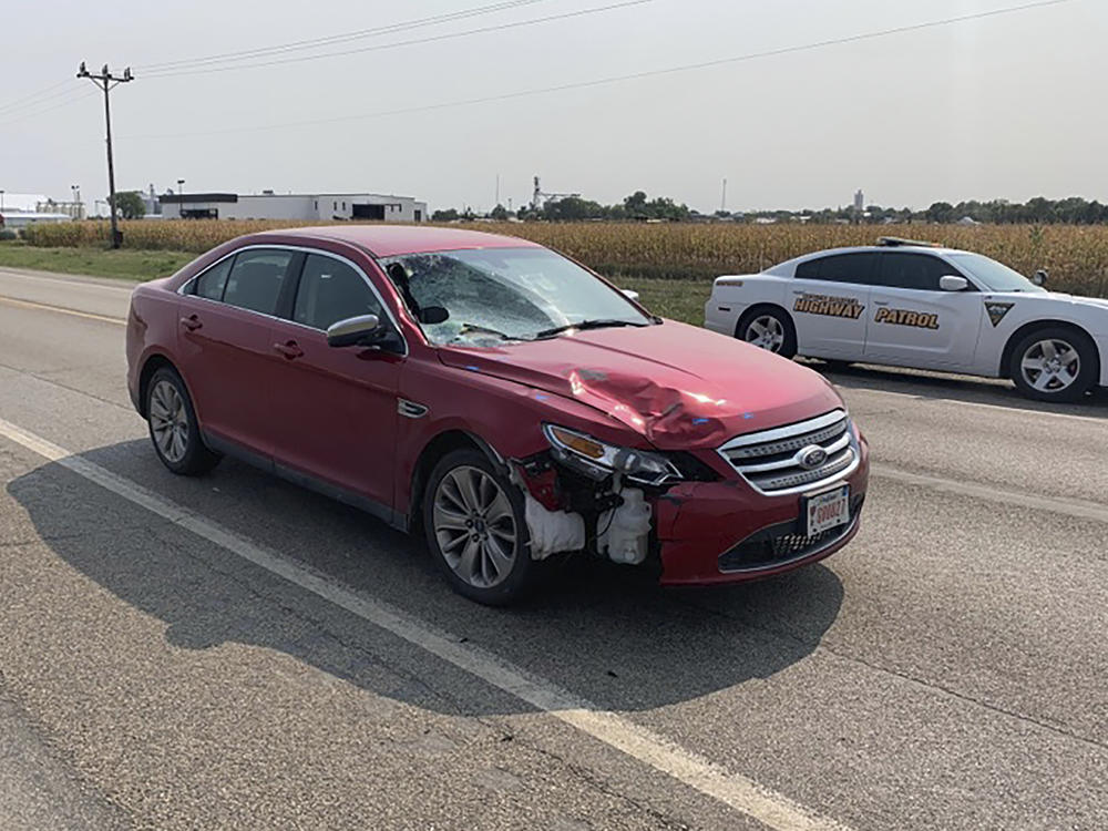 This photo shows the car that South Dakota Attorney General Jason Ravnsborg was driving on Sept. 12, 2020 when he struck and killed a pedestrian. Secretary of Public Safety Craig Price said Monday, Nov. 2, 2020, that Ravnsborg was distracted before he drove onto a highway shoulder where he struck and killed 55-year-old Joe Boever.