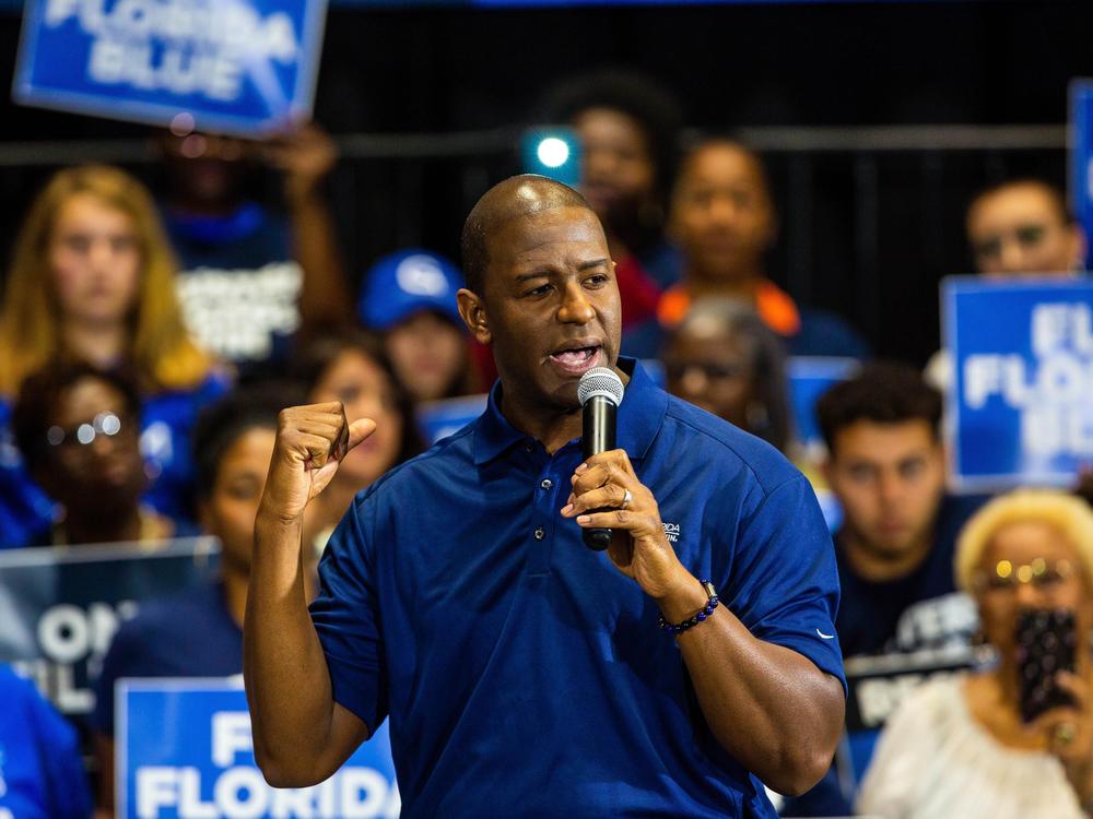 Former Florida gubernatorial candidate Andrew Gillum addresses the audience during an event in 2019 in Miami Gardens. Gillum, a Democrat, was indicted Wednesday by a federal grand jury alleging he sought campaign donations and funneled a portion of them back to him through third parties.