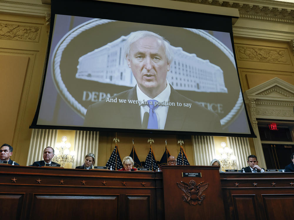 Video showing an interview of former acting Attorney General Jeffrey Rosen is played during a hearing by the Select Committee to Investigate the January 6th Attack on the U.S. Capitol in the Cannon House Office Building on June 13, 2022, in Washington, D.C.