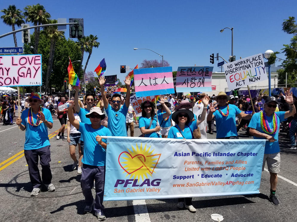 San Gabriel Valley's Asian Pacific Islander chapter of PFLAG marches in support of LGBTQ friends and family at a recent Pride parade.