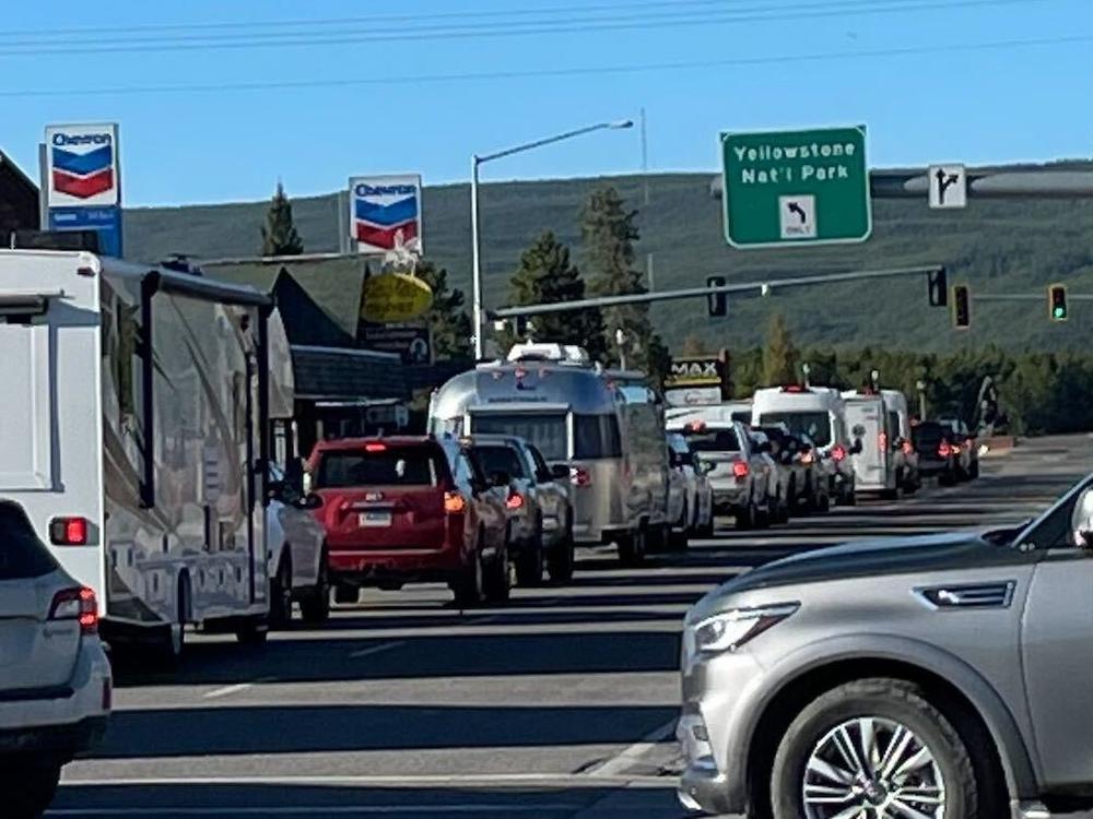 A traffic jam in West Yellowstone, Mont., as cars line up to enter Yellowstone National Park on Wednesday.