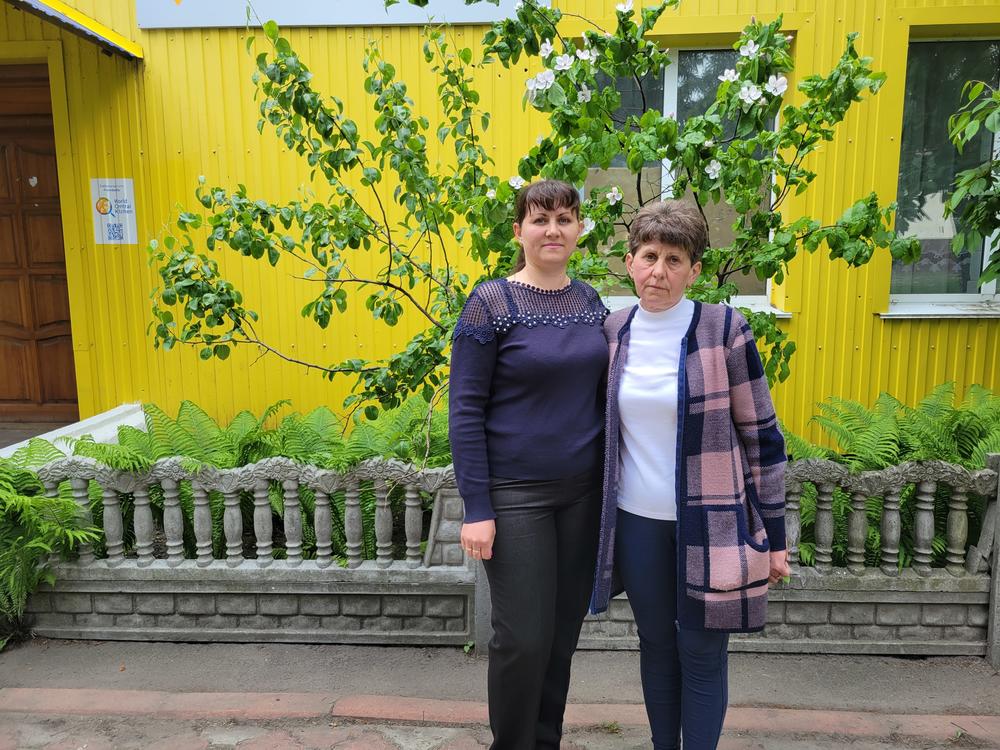 Iryna Andrusha (left) and Kateryna Andrusha, sister and mother, respectively, of Ukrainian school teacher Viktoria Andrusha, who was taken by Russian forces from the village of Novyi Bykiv in late March.