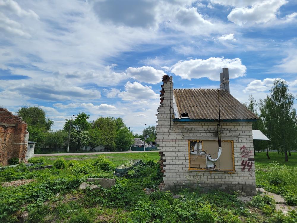 An abandoned building near the village council where Viktoria Andrusha's family believes Russian forces held her temporarily before taking her out of town.