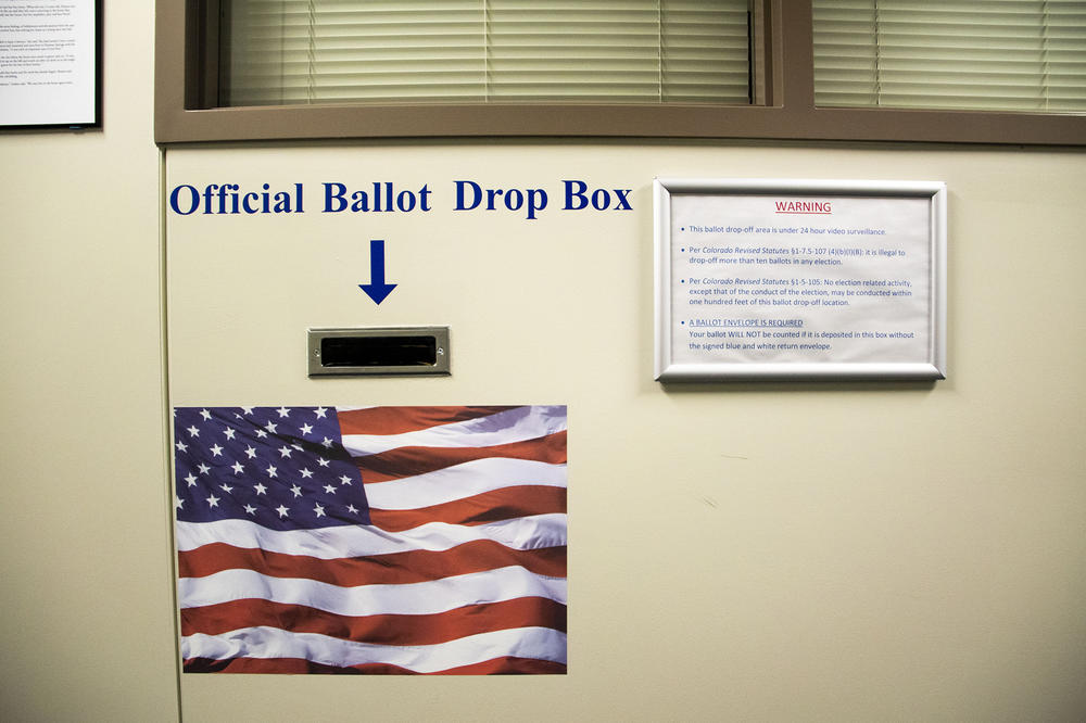An official ballot drop box is seen in Colorado Springs' election headquarters on May 31.