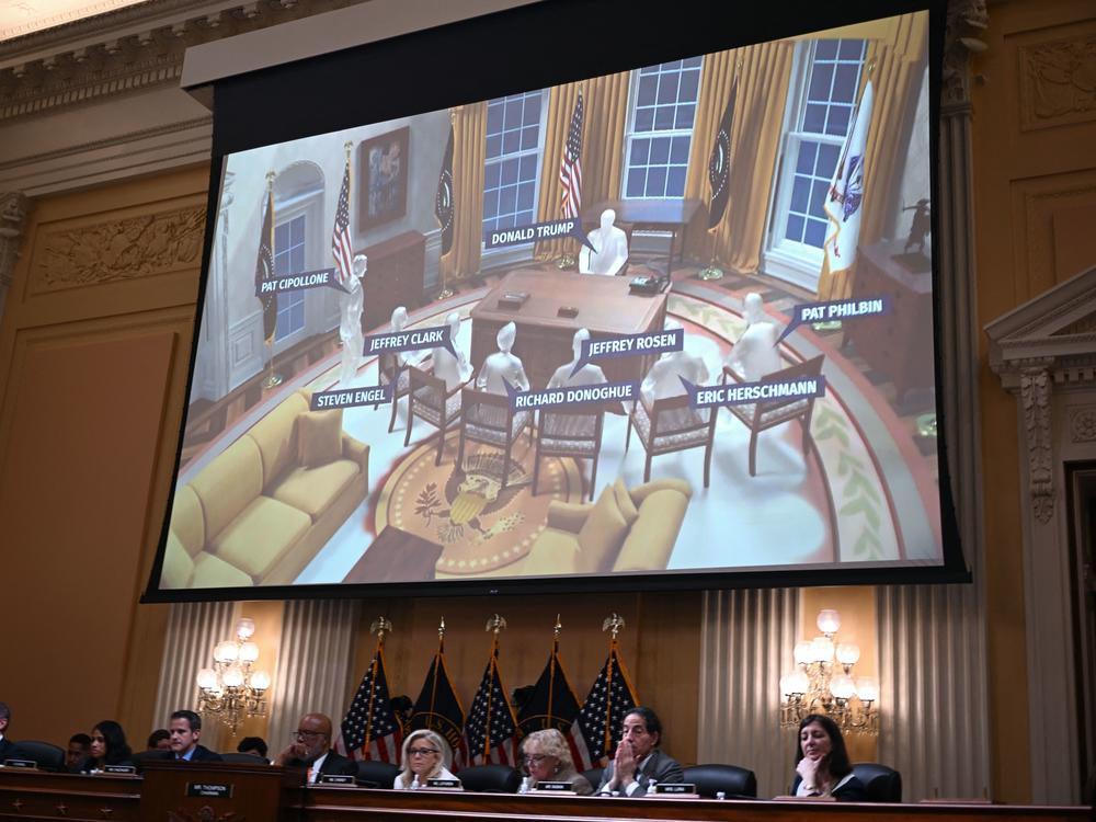 An illlustration of a meeting at the Oval Office of the White House appears onscreen during a hearing by the House select committee to investigate the Jan. 6 Capitol attack in Washington on Thursday.