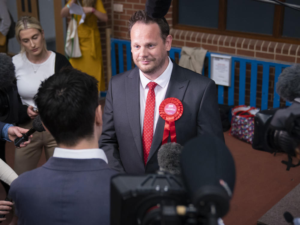 Labour candidate Simon Lightwood speaks to media, after winning the Wakefield by-election, following the by-election count at Thornes Park Stadium in Wakefield, West Yorkshire Friday, June 24, 2022.
