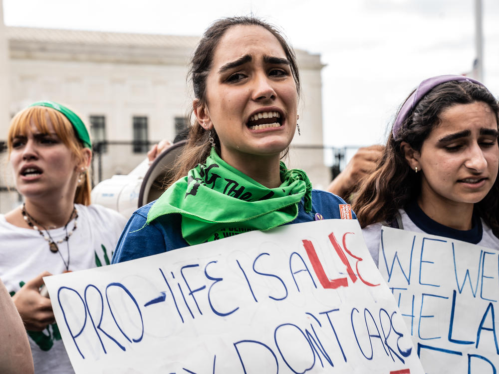Pro-choice protesters react to the decision of Roe v. Wade being overturned at the U.S. Supreme Court.
