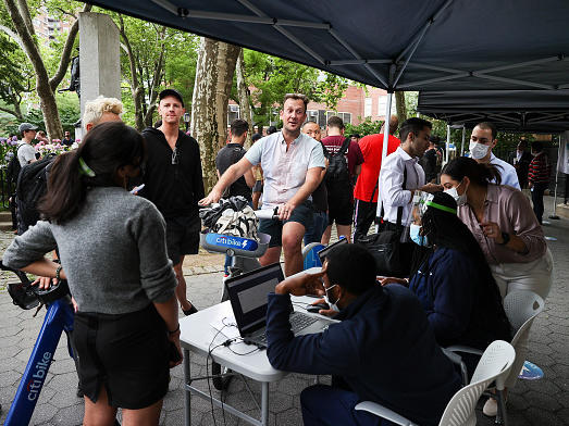 People line up outside of the New York City Department of Health and Mental Hygiene on June 23, as the city makes vaccines available to residents possibly exposed to monkeypox.