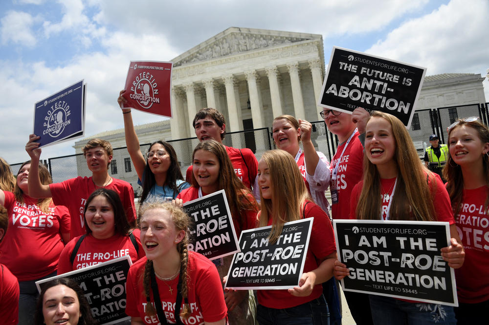 Anti-abortion advocates celebrate near the Supreme Court.