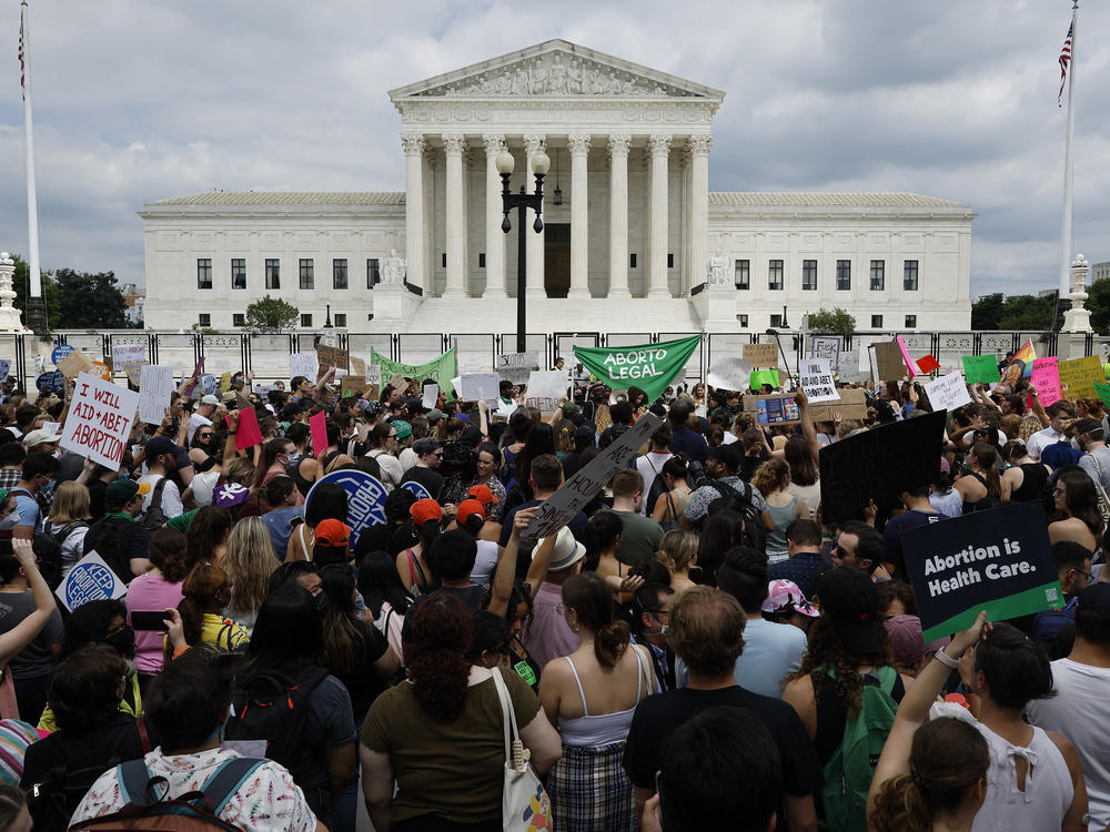 Thousands of abortion-rights activists gather in front of the U.S. Supreme Court after it overturned the landmark <em>Roe v Wade</em> case and erased a federal right to an abortion.
