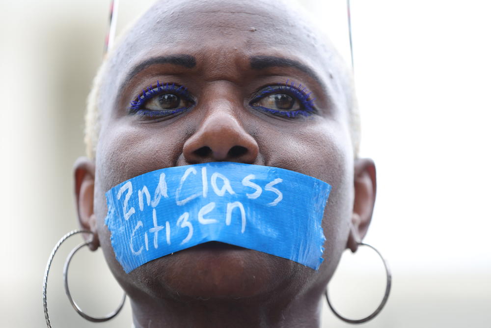 An abortion-rights supporter protests at the Supreme Court.