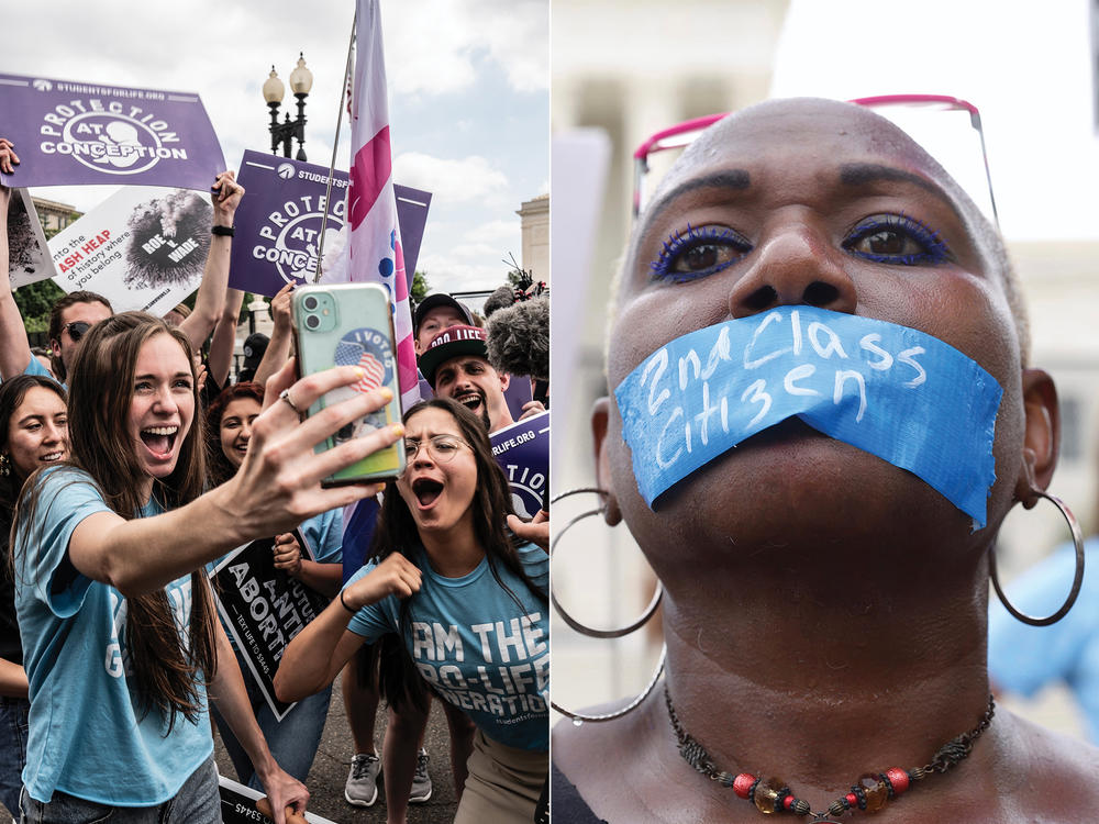(L) Pro-life protesters reacts to the decision of Roe vs Wade being overturned at the US Supreme Court; (R) Pro abortion rights person with tape on mouth.