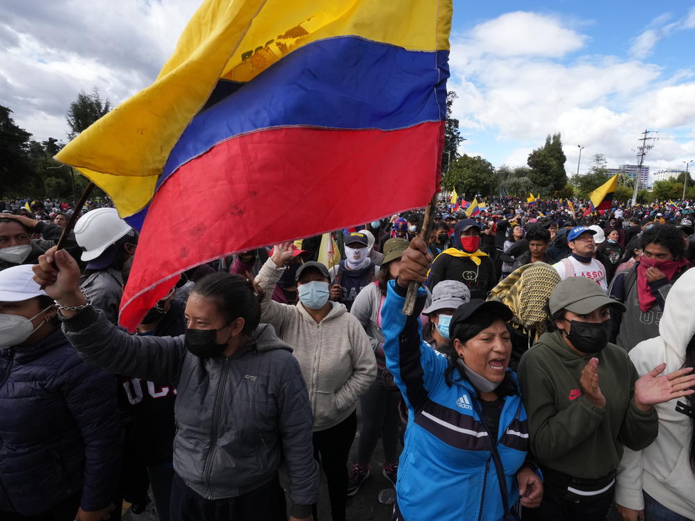 Protesters rally to show their support for the recent protests and national strike against the government of President Guillermo Lasso in Quito, Ecuador, on June 25, 2022.