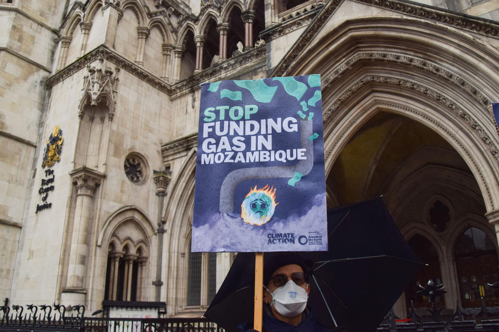 Protestors rally in front of London's High court against U.K. financing of a new gas project in Mozambique. Mozambique plans to export its first ever liquified natural gas later this year.