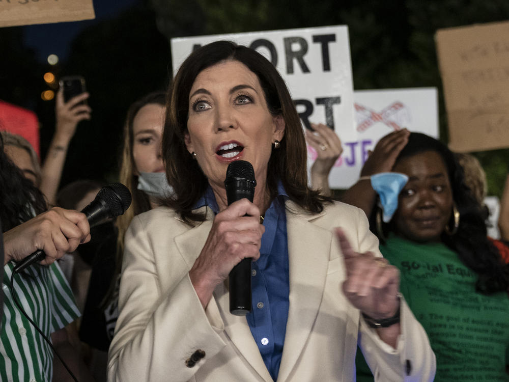 Democratic Gov. Kathy Hochul speaks as hundreds protesters gathered on June 24 in Union Square in New York City, N.Y., to protest against the U.S. Supreme Court decision overturning <em>Roe v. Wade.</em>