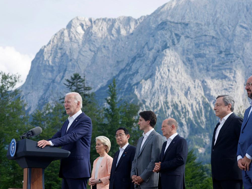 President Biden appears with other G7 leaders on Sunday, as a summit at Elmau Castle in the German Alps gets underway. Biden announced a $200 billion U.S. investment as part of a global infrastructure project by major democracies to counter China's investments in developing countries.