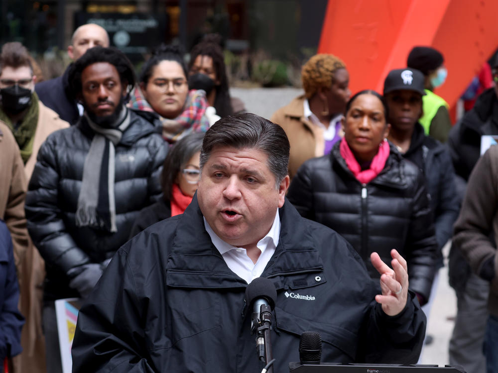 Illinois Gov. JB Pritzker speaks during a transgender support rally at Federal Building Plaza on April 27, 2022 in Chicago. Pritzker, a Democrat, is up for reelection in November.