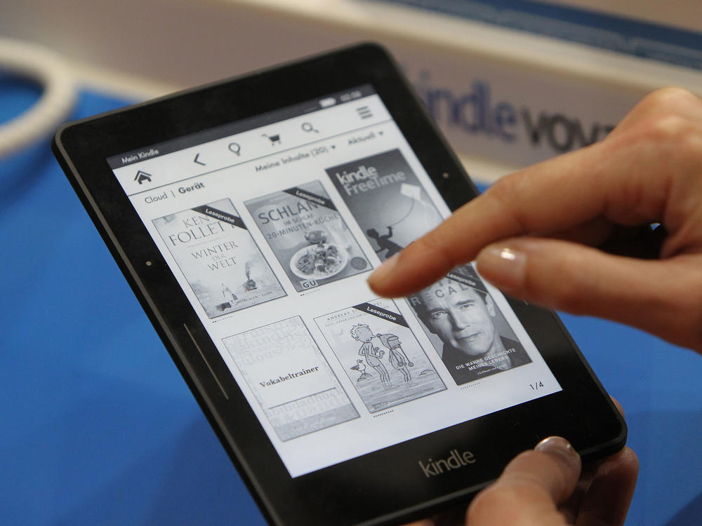 A kindle e-book reader is pictured at the Book Fair in Frankfurt, Germany, in 2015.