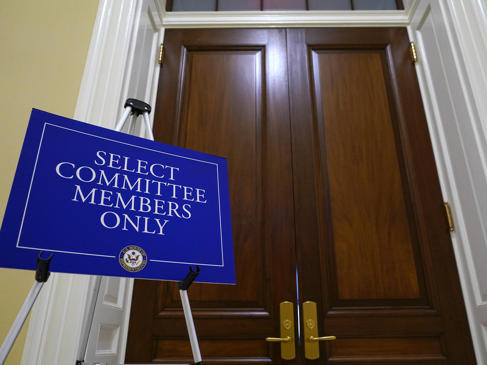 The entrance to the room for the House select committee investigating the Jan. 6 attack is seen after the panel announced Monday it has scheduled a surprise hearing for Tuesday to present evidence it says it recently obtained.