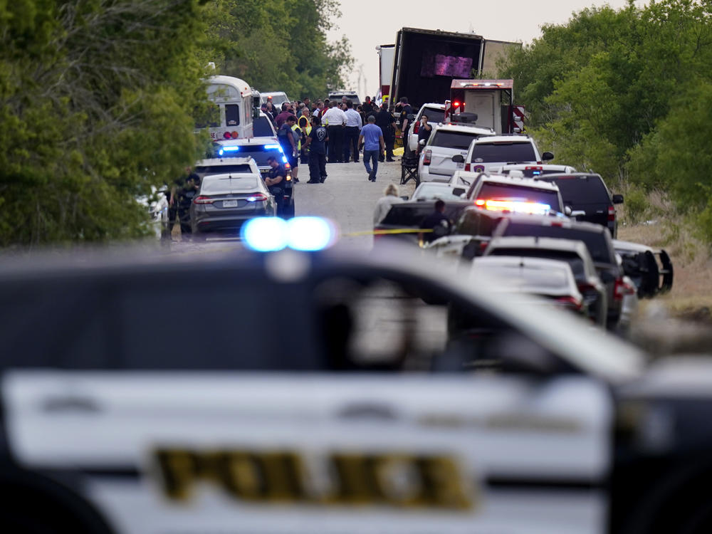 Police block the scene where a semitrailer with multiple dead bodies was discovered, Monday, June 27, 2022, in San Antonio.