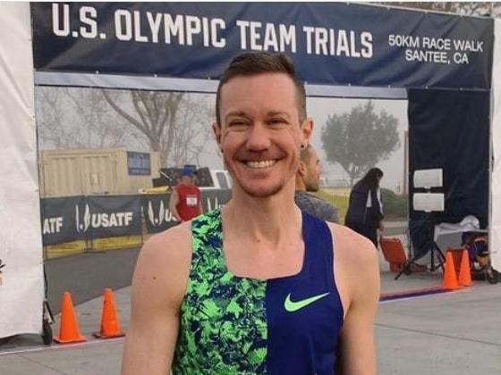 Chris Mosier at the men's 50 km race walk in Santee, Calif., on Jan. 25, 2020, where he made history as the first transgender man to compete in the U.S. men's Olympic trials.