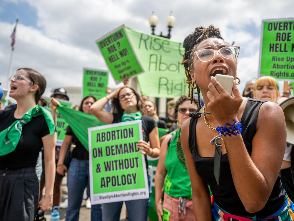Abortion rights demonstrator Elizabeth White leads a chant in response to the Dobbs v. Jackson Women's Health Organization ruling in front of the U.S. Supreme Court on June 24, 2022.
