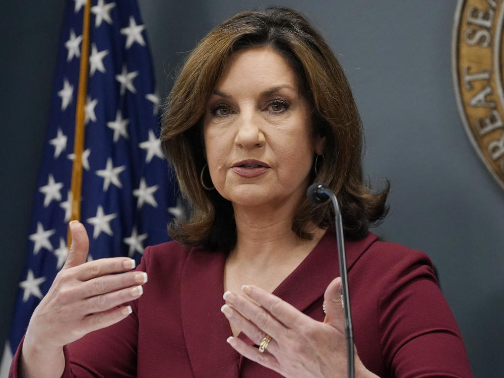 Oklahoma State Superintendent of Public Instruction Joy Hofmeister delivers a report on Epic Charter Schools during a news conference June 21, 2022, in Oklahoma City. She will challenge Republican Gov. Kevin Stitt in November.