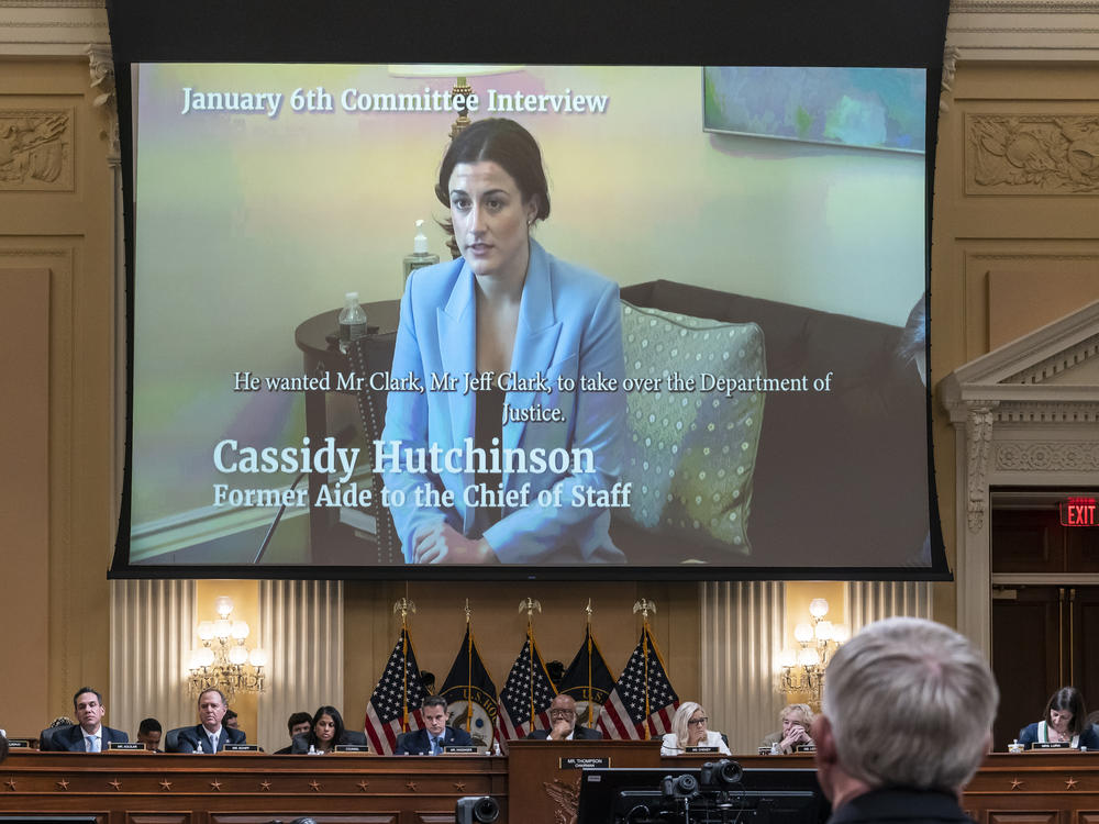 Cassidy Hutchinson, a top former aide to Trump White House Chief of Staff Mark Meadows, is seen in a video of her interview with the House select committee investigating the Jan. 6 attack on the U.S. Capitol on June 23.