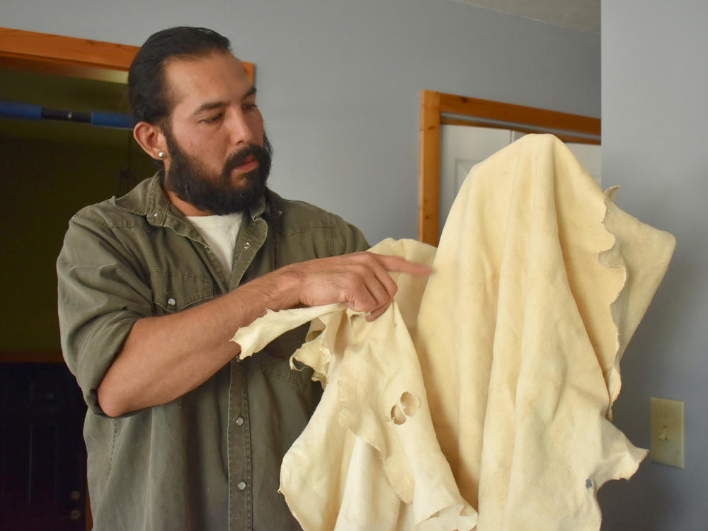 Hide tanner Kenneth Cook holds up deer hides he 