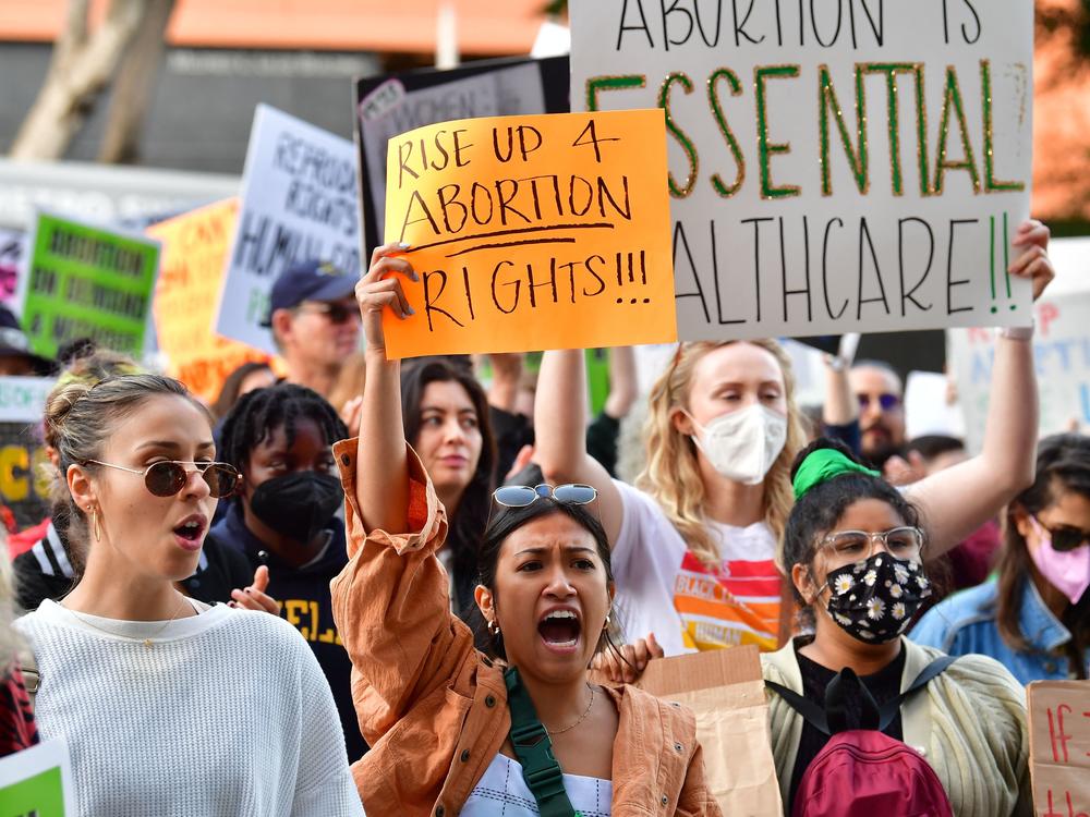 Protesters gather outside the U.S. Courthouse in Los Angeles to defend abortion rights on May 3, 2022, after a Supreme Court opinion overturning Roe v. Wade was leaked.