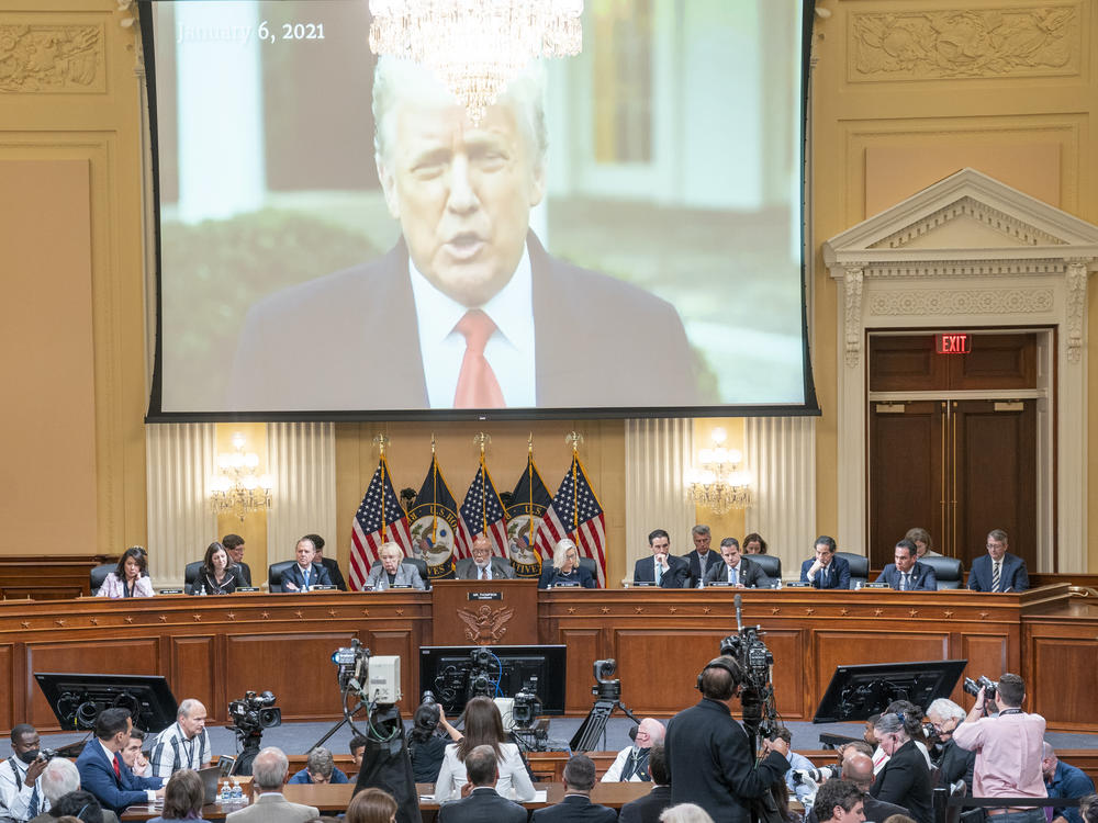 A video of former President Donald Trump from his Jan. 6 Rose Garden statement is played as Cassidy Hutchinson, a former top aide to White House Chief of Staff Mark Meadows, testifies during the sixth hearing held by the House select committee investigating the Capitol insurrection on Tuesday, June 28, 2022.