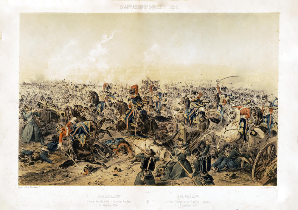 This print depicts the outnumbered British Light Brigade fighting Russian soldiers  during a disastrous British operation at Balaklava during the Crimean War.