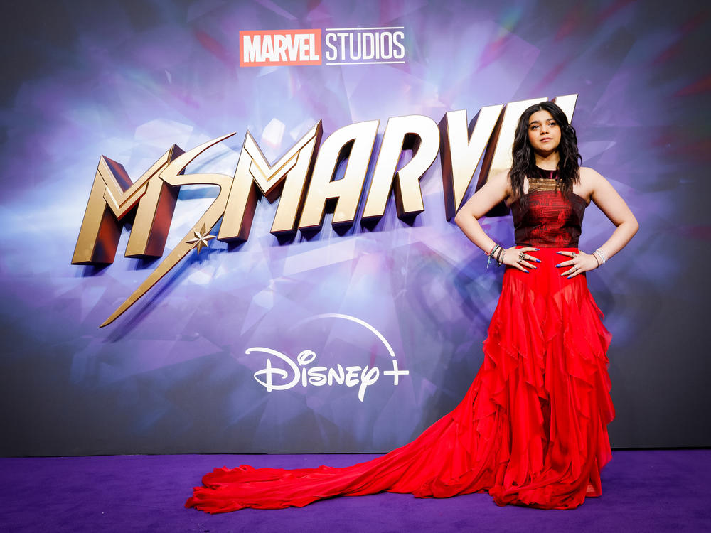Actor Iman Vellani, who plays Kamala Khan in the new Disney+ TV show <em>Ms. Marvel</em>, attends a screening in London on May 26.