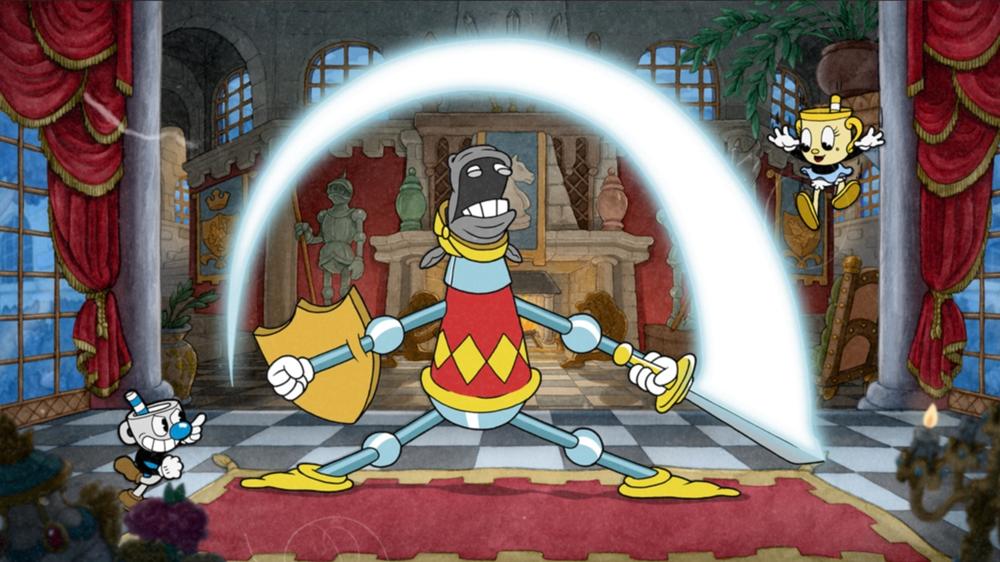 Ms. Chalice and Mugman square off against an adversarial chess knight.
