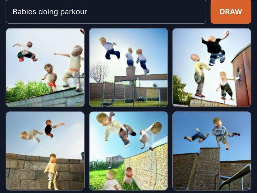 An image of babies doing parkour generated by DALL-E mini.