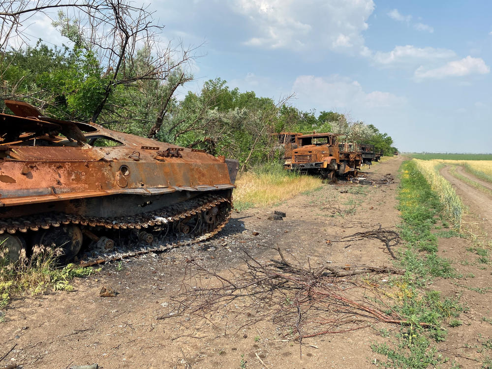 Destroyed tanks and trucks line the farm roads that bisect Mykhailo Liubchenko's plots. The ground fighting has subsided, but there's almost daily shelling in his region near the front lines of the southern campaign of the war.
