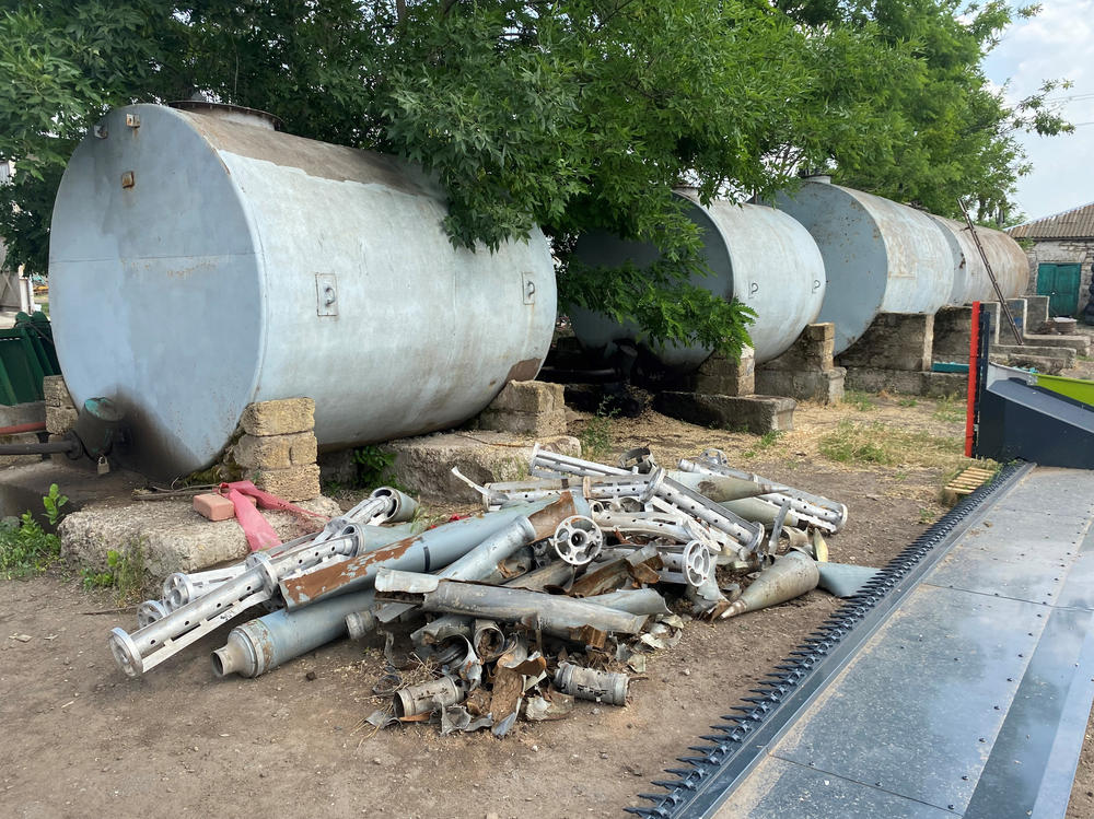 A pile of rockets and shells that Mykhailo Liubchenko says he removed from his field. A former colonel in the Soviet army, Liubchenko says he spent part of his military career demining. He calls today's Russian forces 