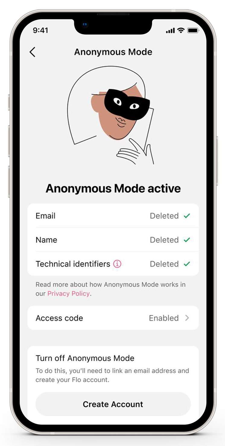 A product shot of the period tracker app Flo and the new feature Anonymous mode that will be available.