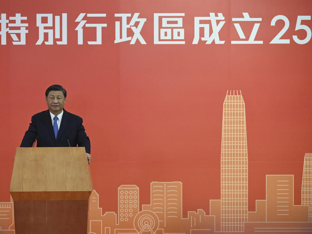 China's President Xi Jinping delivers a speech after arriving for the upcoming handover anniversary by train in Hong Kong, Thursday, June 30, 2022.