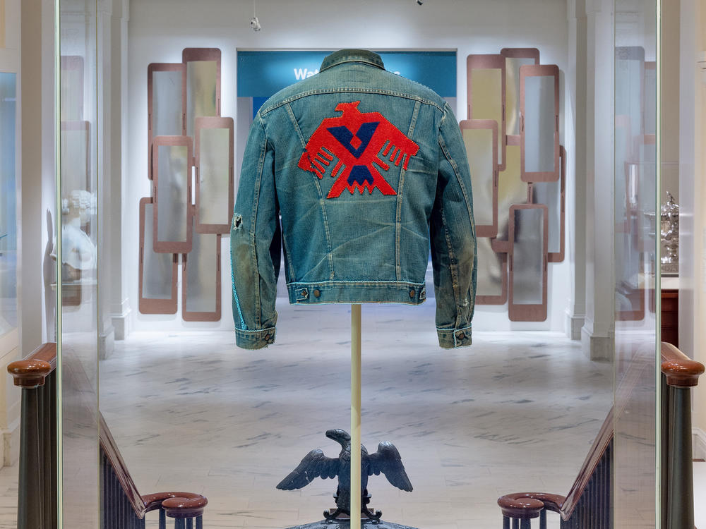 This denim jacket, owned by Rick St. Germaine, represents thunder clouds - and also power. It was leant to the exhibit by the Chippewa Valley Museum.