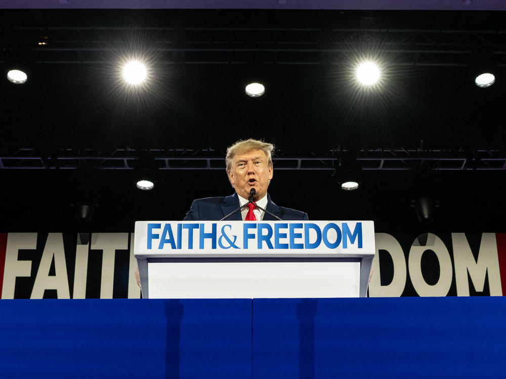 Former President Donald Trump gives the keynote address at the Faith & Freedom Coalition during its annual 